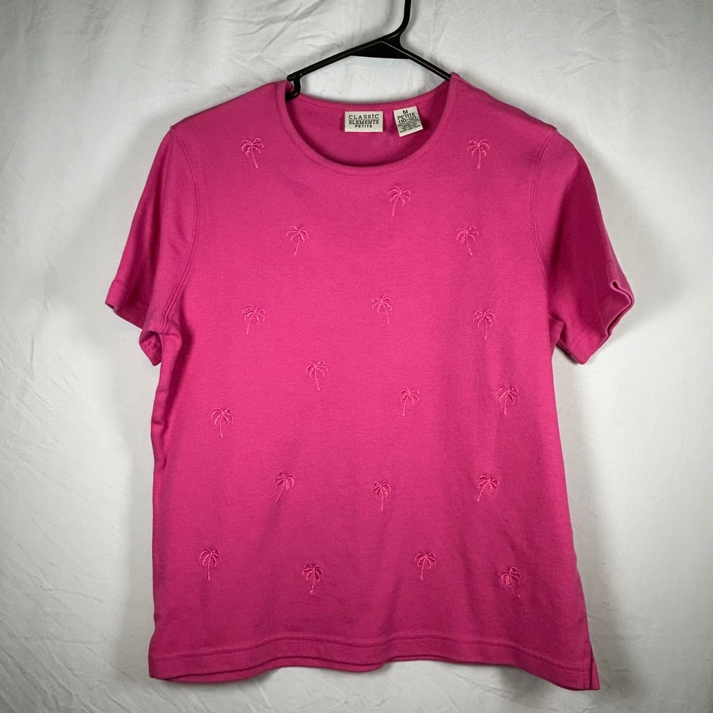 Classic Elements T-Shirt Womens Medium Petite Pink Palm Tree Embroidered